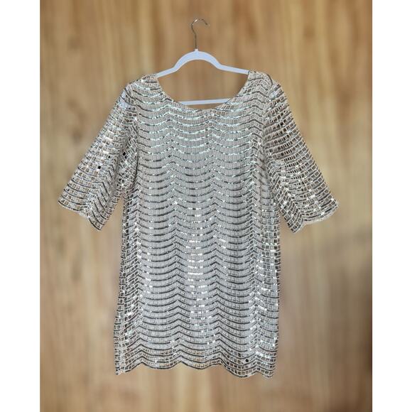 Dear’Gles Sz 12 Silver Sequin Mini Dress Metallic Glam Disco Cocktail Holiday - Picture 1 of 6